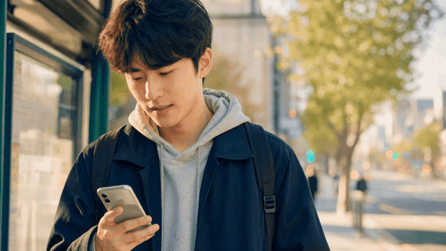 휴대폰을 보며 미소 짓는 젊은 남성