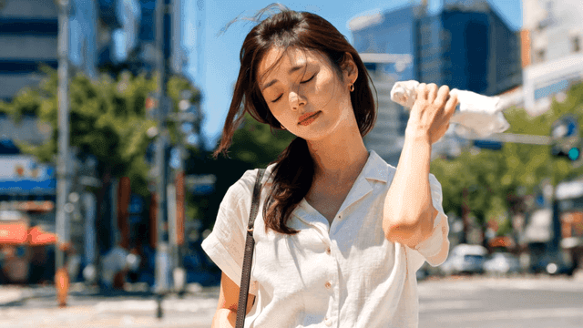 햇살이 비치는 도시 거리에 땀을 닦는 여성