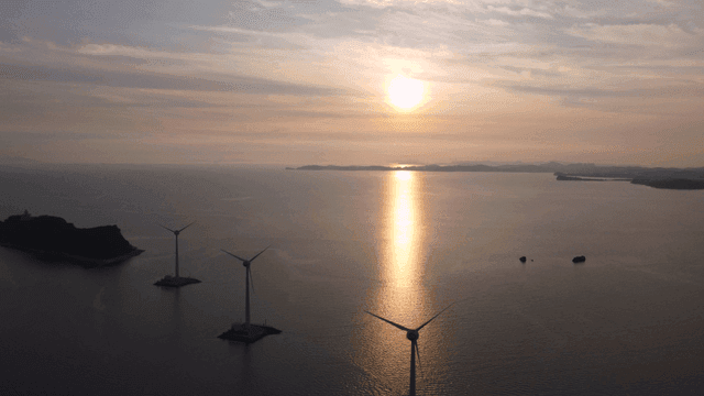 Wind turbines on the sea at sunset