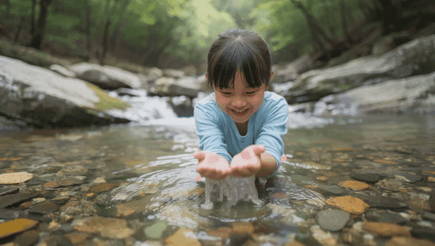 맑은 시냇물에서 즐겁게 노는 여자 아이