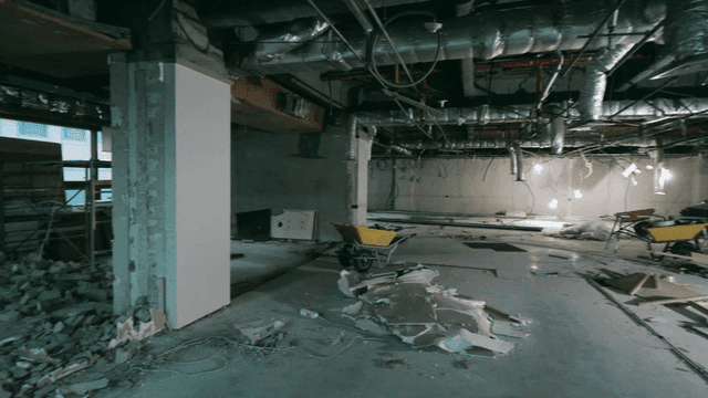Interior under construction with debris
