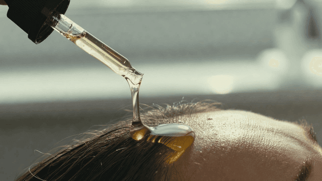 Woman applying serum to her forehead