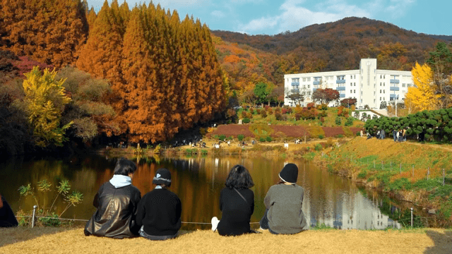 사람들이 가을 호수를 즐기는 모습