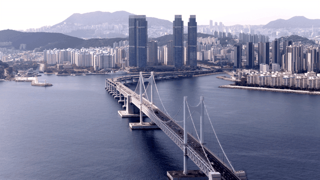 북적이는 대형 다리가 있는 해양 도시 전경