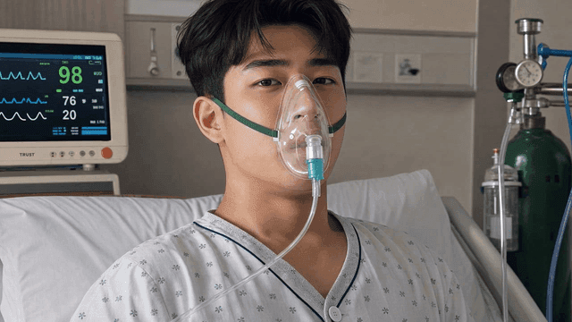Male patient in hospital bed wearing oxygen mask