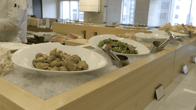 Buffet with variety of sora dishes and salads