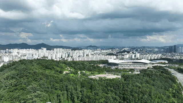 Vast city landscape with stadiums and greenery