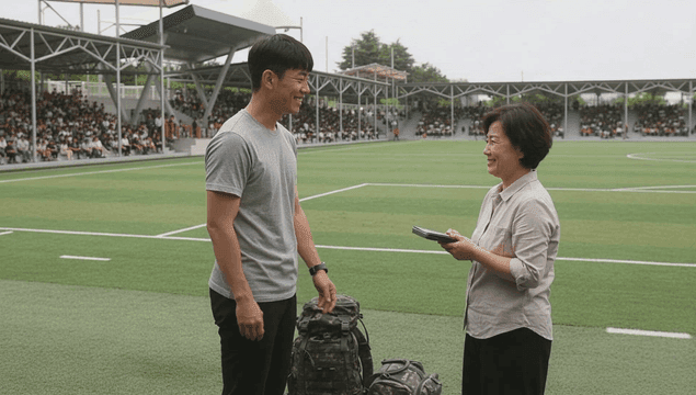 Son smiling and handing his luggage to his mother at military yard.