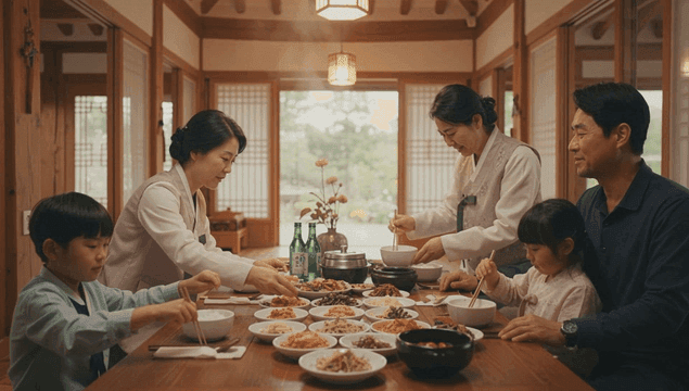 Family eating traditional Korean food