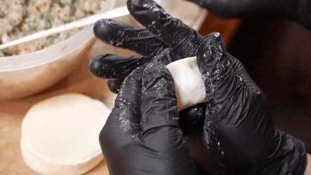 Hands making dumplings with filling