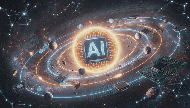 AI chip surrounded by cosmic elements