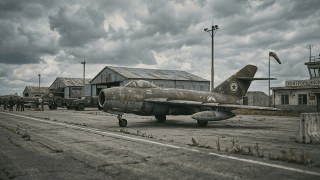 North Korean military aircraft at airfield under cloudy sky