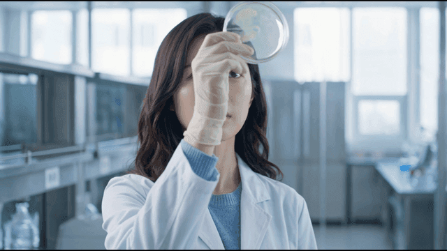 Scientist examining a petri dish in a lab