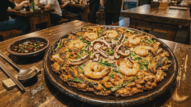 Korean seafood pancake on a table