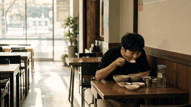 식당에서 홀로 밥을 먹는 남자