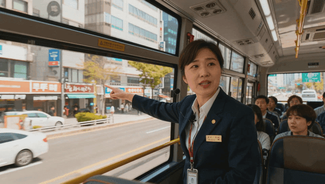 관광 버스안에서 도시 관광지를 가리키고 설명하는 가이더