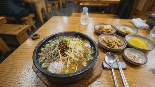 Bowl of hot bean sprout soup with rice