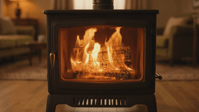 Cozy living room with a burning fireplace