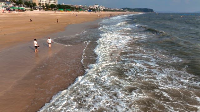 해변에서 화창한 하루를 즐기는 사람들