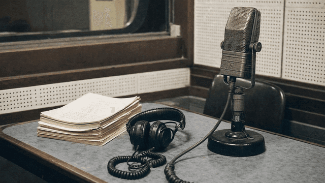 Vintage radio studio with 70s microphone
