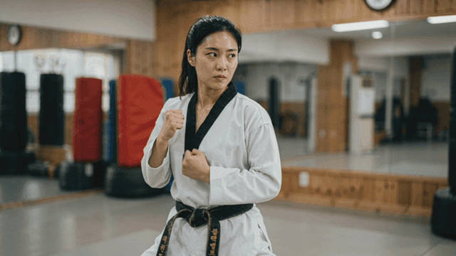 Woman practicing Taekwondo at gym