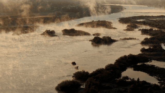고요한 강 풍경 위의 아침 안개