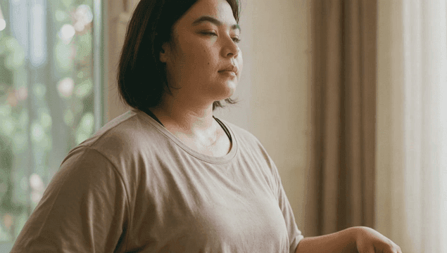 Profile of fat woman meditating