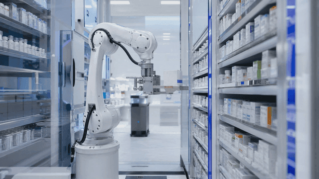 A robotic arm organizing medicine in a pharmacy