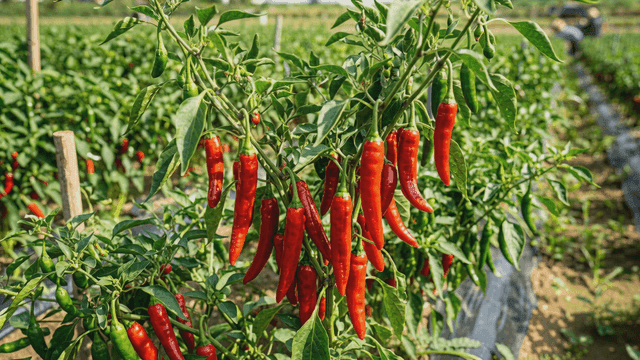 Red chili peppers growing in a sunny field