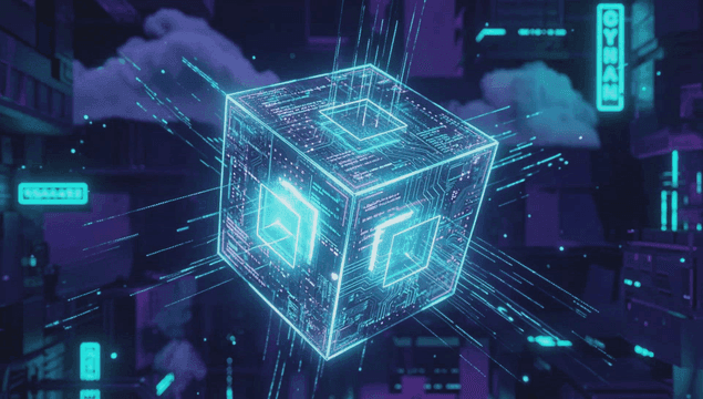 Futuristic digital cube in neon lights