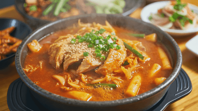 Spicy chicken stew with rice cakes and vegetables