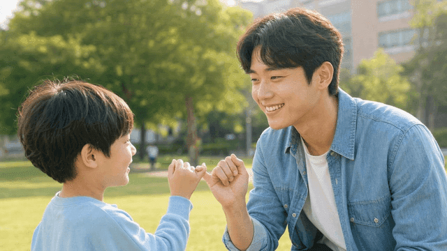 Dad and son making pinky promise in park