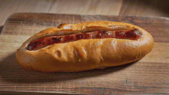 Freshly baked sausage bread on wooden cutting board