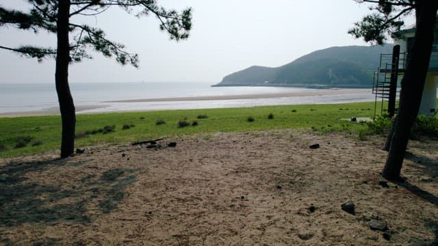 Serene Beachfront with a Verdant Hillside on a Cloudy Day