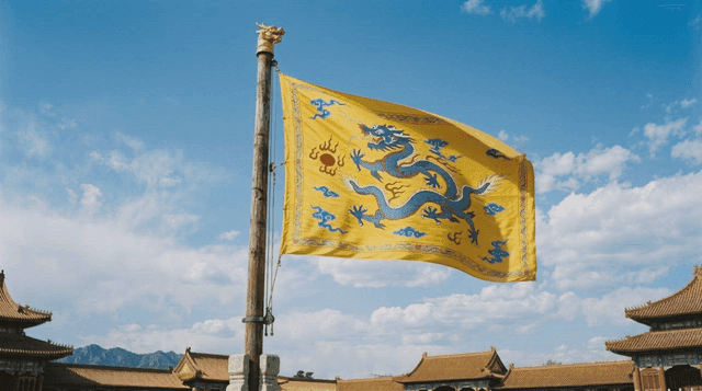 Yellow dragon Qing Dynasty flag fluttering in wind