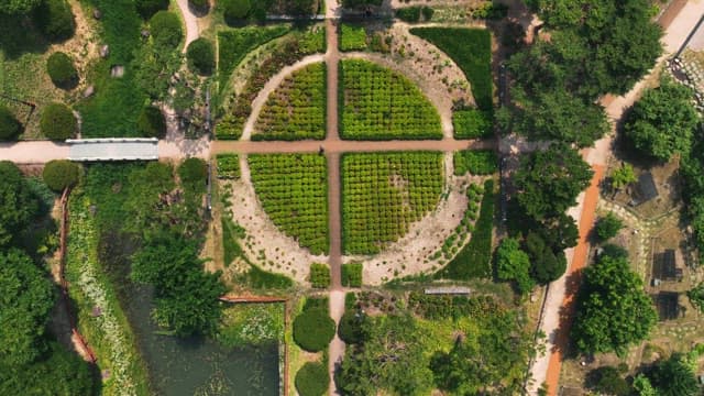 대칭적인 원형 정원의 항공 뷰