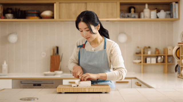 Woman cutting tofu in kitchen