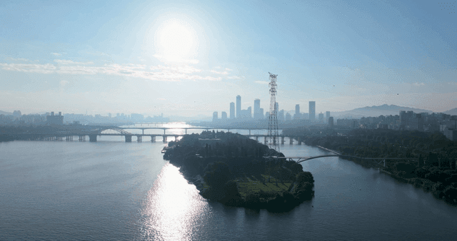 City skyline with islands and bridges over river