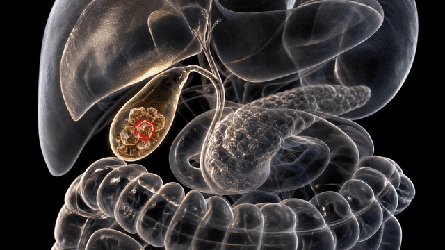 Detailed view of gallstones in the gallbladder