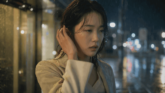 밤에 비를 맞으며 서 있는 여성