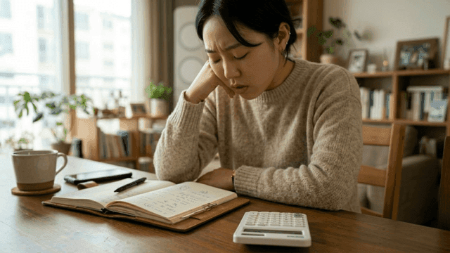 Woman calculating household expenses at home