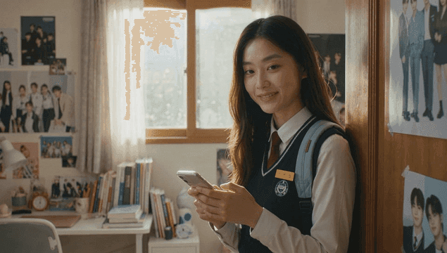 휴대폰을 사용하며 미소 짓는 학생