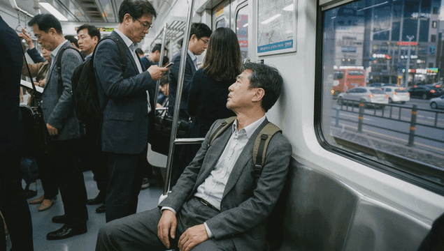 Tired commuters on a busy subway train