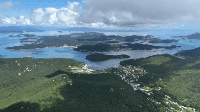 Aerial view of lush islands and blue sea