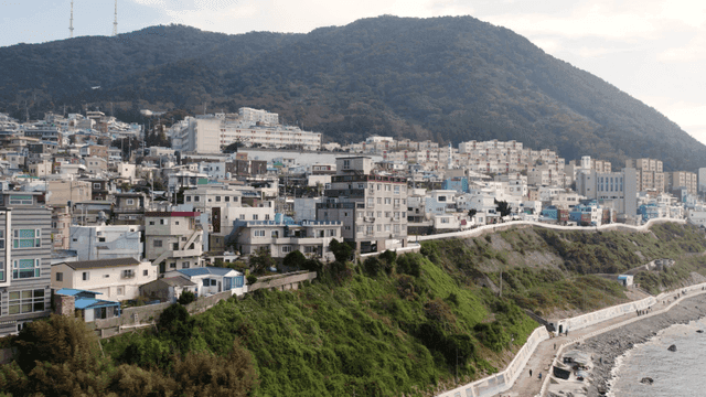 언덕에 건물이 있는 해안 도시