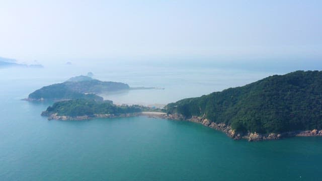 평화로운 숲이 우거진 외딴 섬의 해안경관