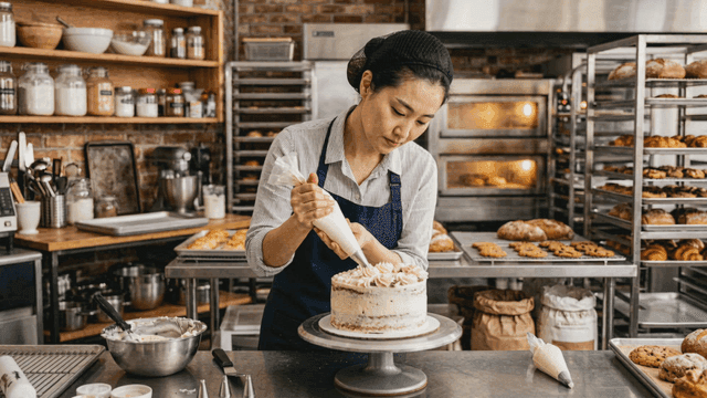Baker decorating cake at bakery
