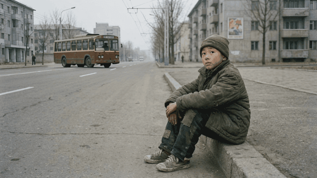 Child sitting on curb of quiet North Korean city street