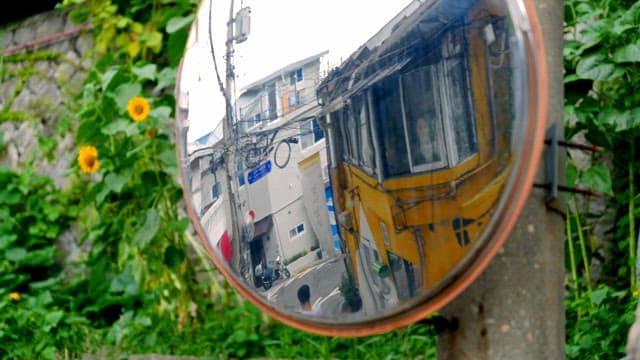 Reflection of a street in a convex mirror