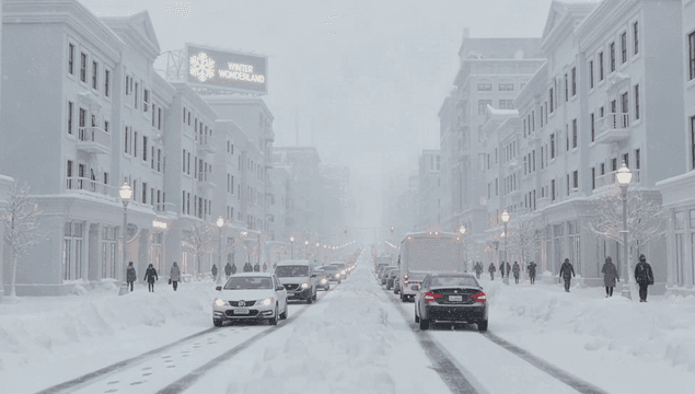 Snowy roads, vehicles and pedestrians